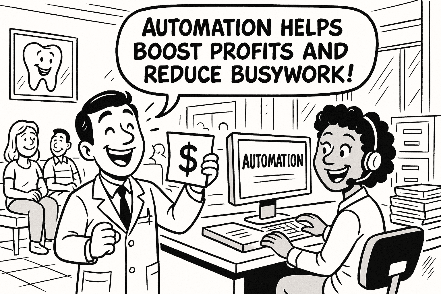 Healthcare professionals celebrating automation benefits - showing how automation helps boost profits and reduce busywork in medical practices