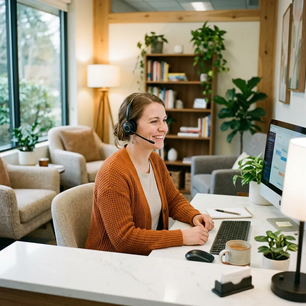 VoxHealth AI receptionist at a therapy practice front desk