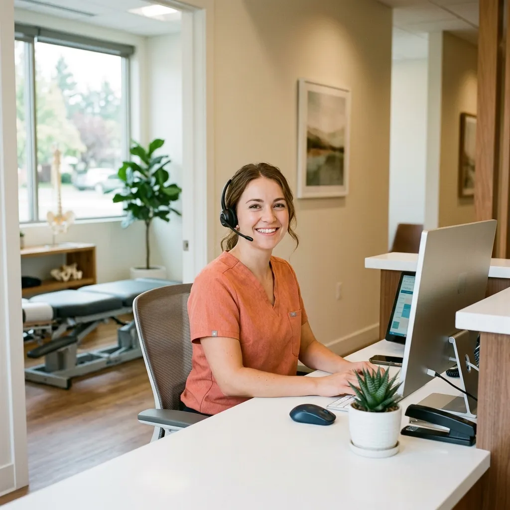 VoxHealth AI receptionist at an outpatient specialty clinic front desk