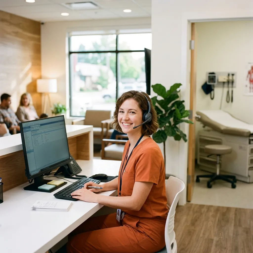 VoxHealth AI receptionist at a primary care clinic front desk