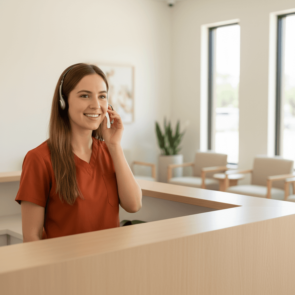VoxHealth AI receptionist at a modern healthcare front desk