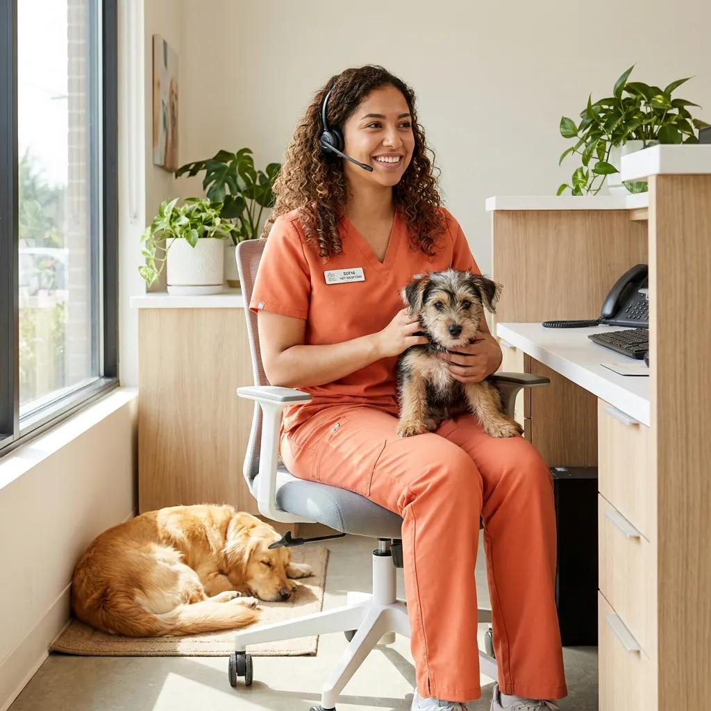 VoxHealth AI receptionist at a veterinary clinic front desk